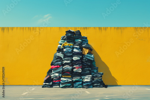 Overproduction and fast fashion concept - high pile of clothes in front of yellow wall