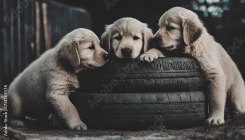 group of golden retriever puppies playing in tire stack outside in yard
