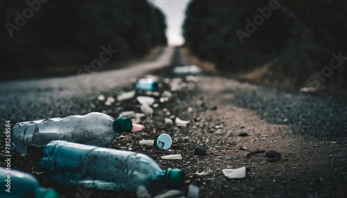 abandoned road overwhelmed by plastic bottle waste an abandoned road overwhelmed by plastic bottles signifies a pressing environmental concern photo