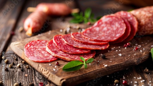 Sliced salami on cutting board with pepper and peppercorn