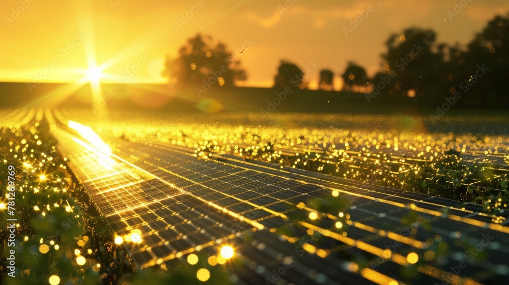 Depict a field of solar panels glistening under the sun's rays, a 3D ...