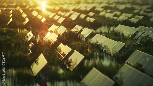Depict a field of solar panels glistening under the sun's rays, a 3D portrayal of our commitment to a cleaner, sustainable energy source. photo