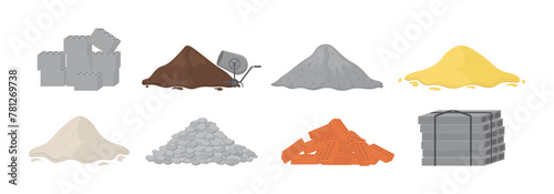 Set of building material piles (sand, stones, cement, crushed stone, brick, gypsum). Building material piles. Vector illustrations can be used for construction sites, works, industry