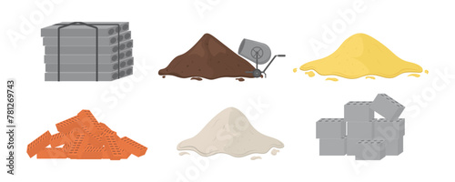 Set of building material piles (sand, stones, cement, crushed stone, brick, gypsum). Building material piles. Vector illustrations can be used for construction sites, works, industry