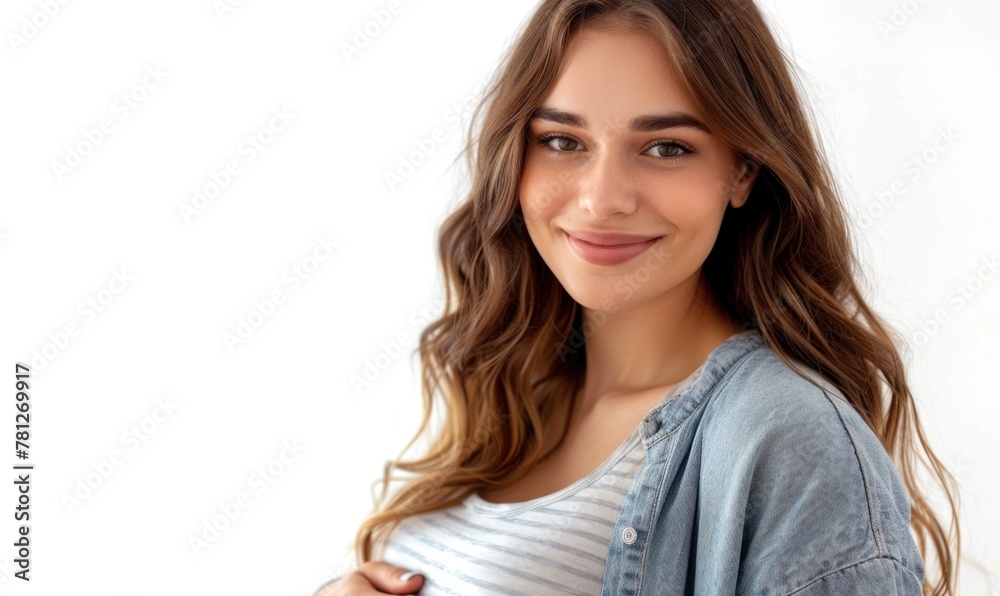 Close up of pretty young pregnant woman with pregnancy belly, isolated on white background banner Close up of pretty young pregnant woman with pregnancy belly, isolated on white background banner
