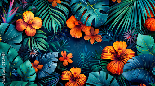 Seamless Hawaiian Floral Pattern  Rich with Tropical Hibiscus and Palm Leaves  Perfect for Vibrant Textile Designs