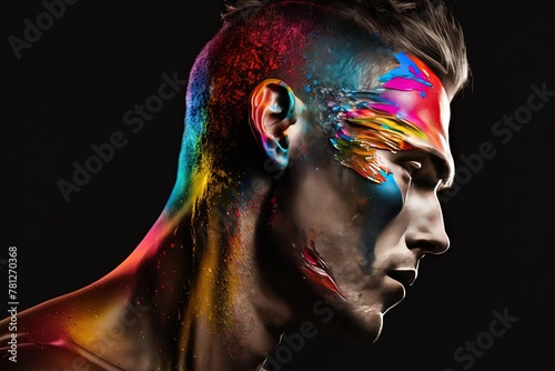 Professional Color Photography of a Perfectly Anatomized Man with Airbrushed Facial Paint - Side Profile Digital Art Shot photo
