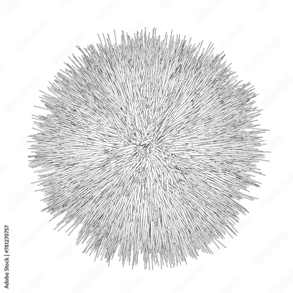 Contour fluffy pompon. Outline fur pompon. 3D sphere. Black and white color. Stock vector illustration on white isolated background. Vector fur sphere
