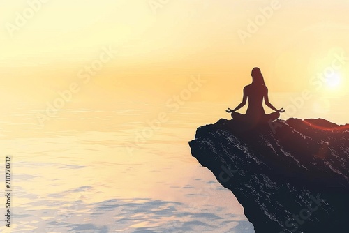 A peaceful silhouette of a woman practicing yoga on a cliff overlooking the vast ocean during sunset, creating a serene and calming atmosphere.