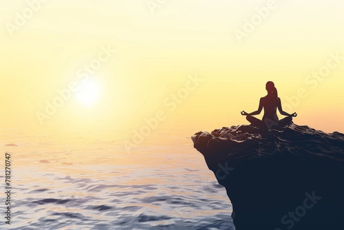 A peaceful silhouette of a woman practicing yoga on a cliff, overlooking the vast ocean during a beautiful sunset.