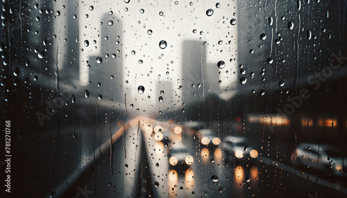 Gouttes de pluie sur la vitre d'une journée pluvieuse en ville photo