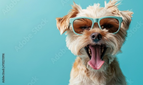 Quirky banner: A stylish Italian lap dog donning sunglasses, cheekily poking out its tongue against a serene blue background photo