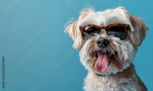 Funny pet banner - Italian lap dog in sunglasses who opened his mouth and stuck out his tongue, isolated on a soft blue background