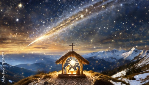 nativity of jesus the birth of jesus christ religious scene of the sagrada familia magic comet in the starry sky