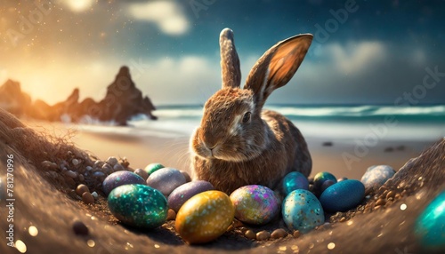 easter bunny with easter eggs on the beach generative ai