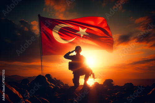 Silhouettes of soldiers saluting on background of sunset or sunrise and Turkish flag.  Memorial Day, Independence Day, greetings, generative ai