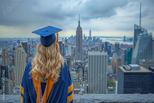 Woman in graduation attire overlooking cityscape, 8K, a moment capturing dreams and ambitions, scenic backdrop of possibilities , 8K , high-resolution, ultra HD,up32K HD photo