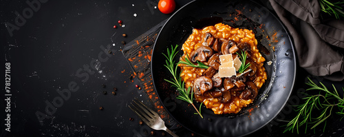 Savory risotto with sautéed mushrooms, parmesan shavings on a black plate with broad negative space, ideal for food-related editorial and advertising. Gastronomy and Italian cuisine concept  photo