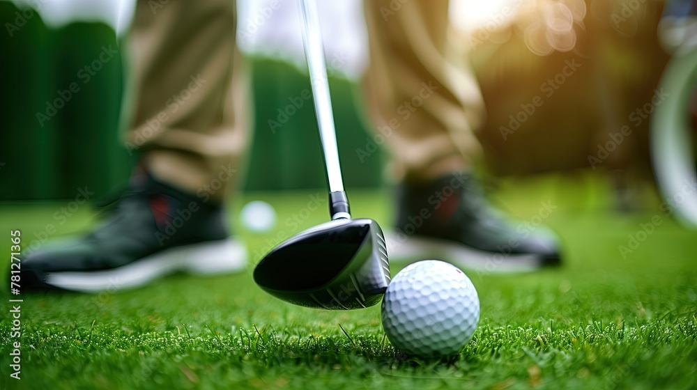 Fototapeta premium Player swinging golf club to hit golf ball on course