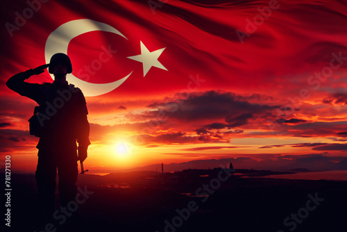 Silhouettes of soldiers saluting on background of sunset or sunrise and Turkish flag.  Memorial Day, Independence Day, greetings, generative ai