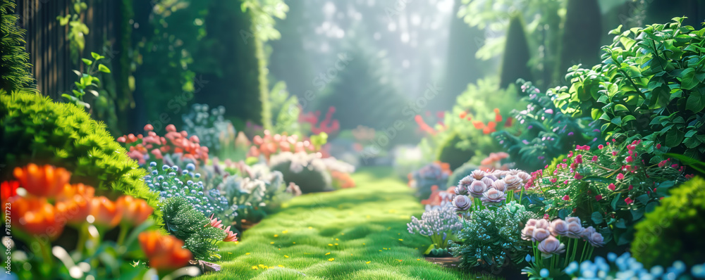 Beautiful coniferous garden with blue spruces, fir trees, thujas, junipers and colourful flowers. Beautiful coniferous garden with blue spruces, fir trees, thujas, junipers and colourful flowers.