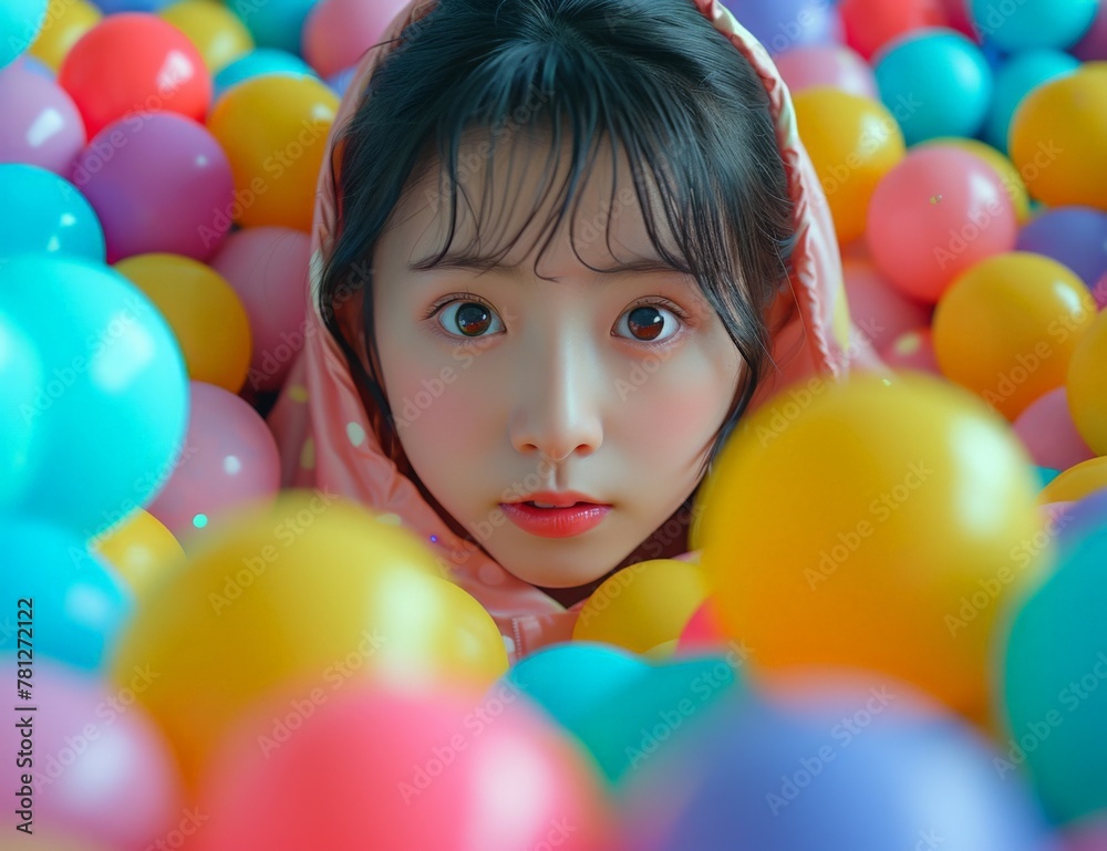 Obraz premium Asian woman enjoying colorful ball pit surrounded by balls of different shapes and sizes