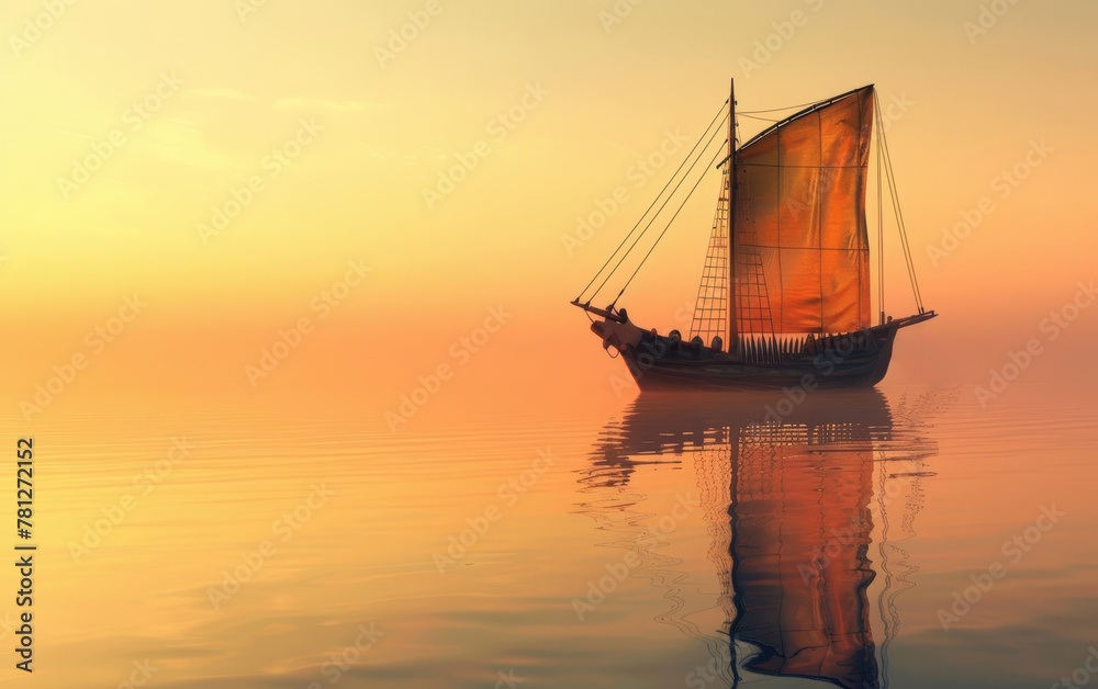 A traditional sailing ship glides across the serene waters during a breathtaking sunset, creating a peaceful and picturesque scene.