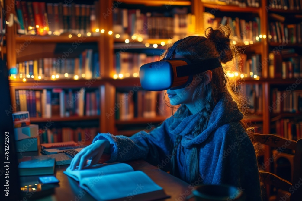 Woman experiencing virtual reality technology while surrounded by books in a library setting