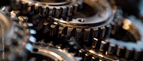 A close-up view of a complex, interlocking mechanical gear system, featuring intricate and precisely engineered components in shades of black, silver and gold.