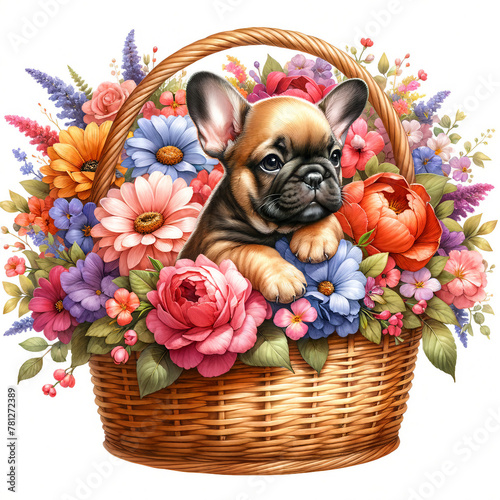 Cute Puppy dog breed French Bulldog in basket with beautiful flowers