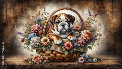 Cute Puppy dog breed bulldog in basket with beautiful flowers