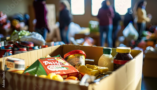 A cardboard box filled with various food items stands in the volunteer center. Charity, donation and volunteering concept © Dinara