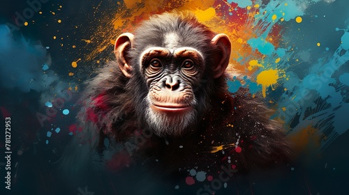An artistic representation of a chimpanzee with vivid splashes of paint creating a dynamic and colorful aesthetic © Damerfie
