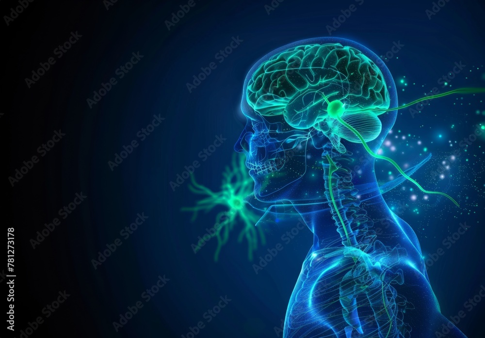 A 3D animation x-ray view of the brain and nervous system, Educational, scientific visualization concept