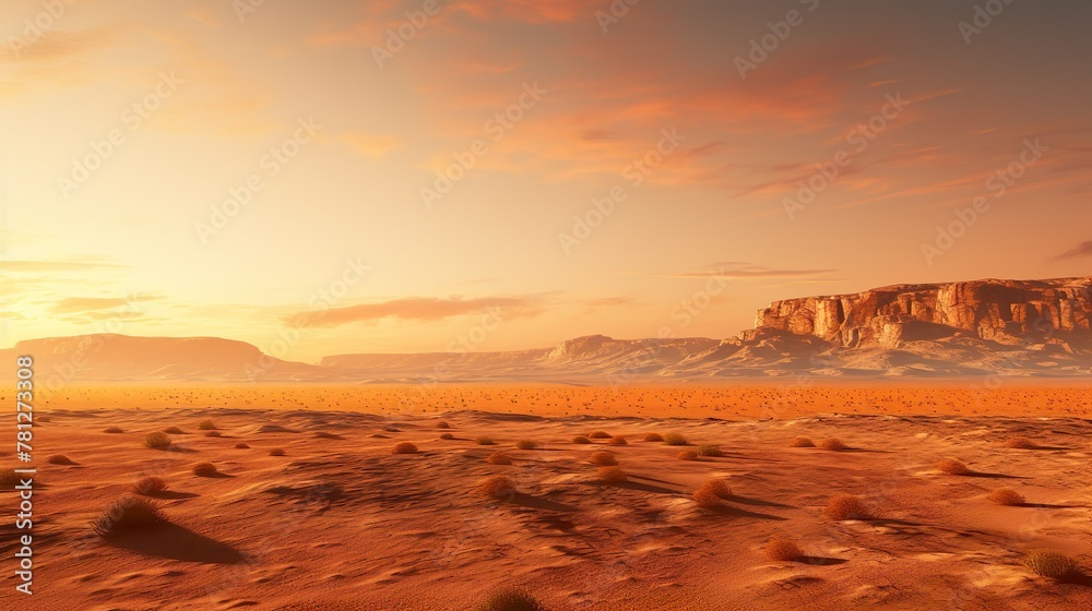 The orange desert displays a tranquil scene with distant mountains highlighted by the warm glow of a setting sun The orange desert displays a tranquil scene with distant mountains highlighted by the warm glow of a setting sun