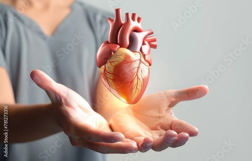 A person holding out their hands floating illustration of the human heart above, Medical education, heart anatomy, healthcare concept