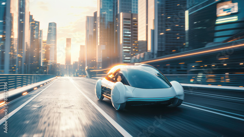 Futuristic self-driving Car in a modern City 