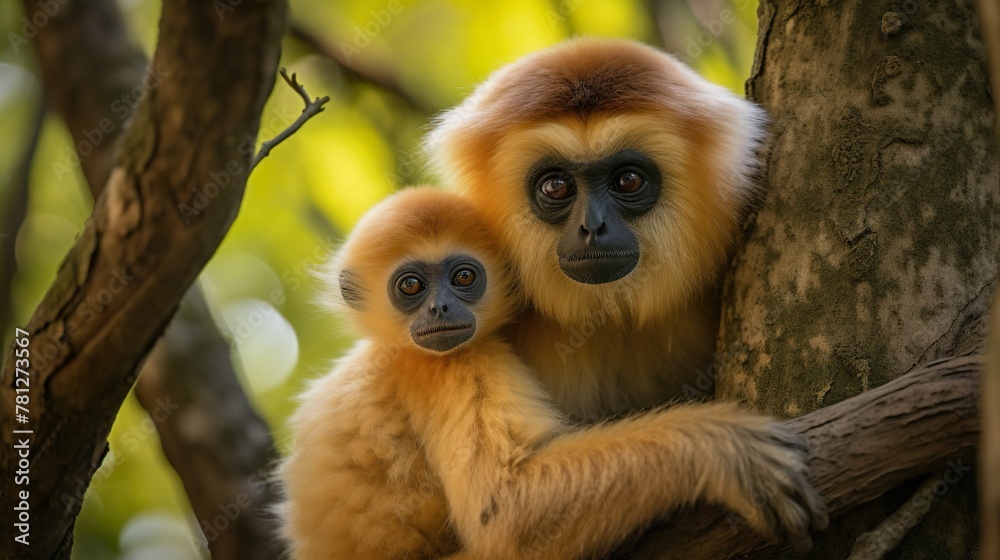 Obraz premium A heartwarming photo of two gibbons with expressive eyes cuddling on a branch, captured amidst natural green foliage