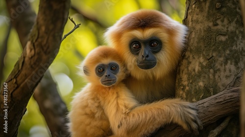 A heartwarming photo of two gibbons with expressive eyes cuddling on a branch, captured amidst natural green foliage photo