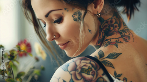 Contemplative Tattooed Woman Admiring Flowers, Serene Atmosphere photo