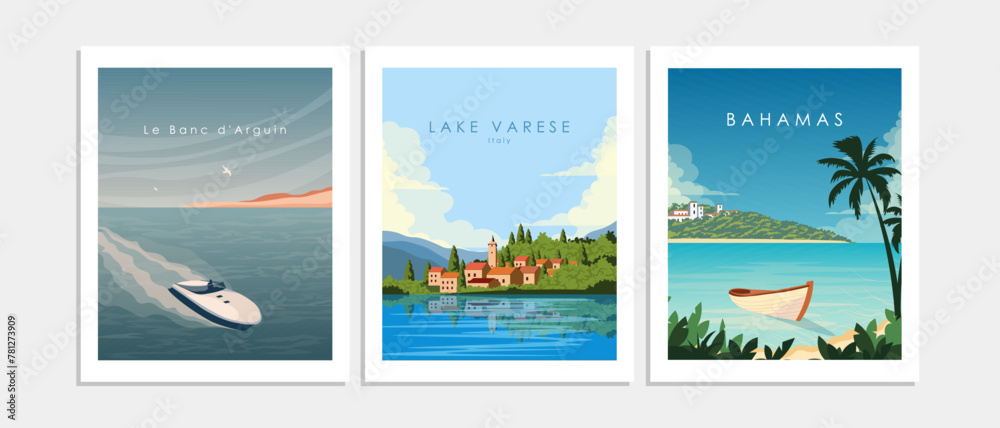 Collection of travel posters, banners, postcards, covers