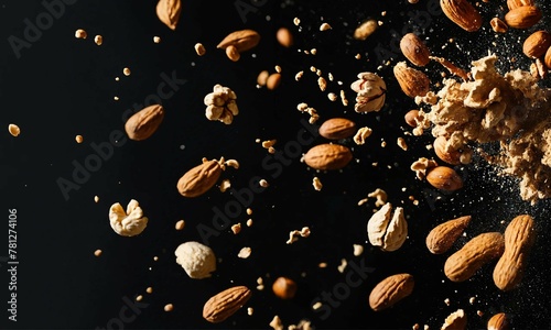 nuts falling into abstract flour splash design