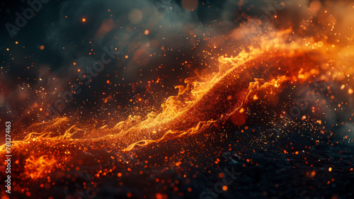 Wave of fire and sparks on dark background.