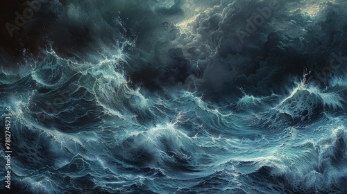Depict the dramatic dance of stormy ocean waves, their ferocity and might against the backdrop of a darkening sky. It's nature's powerful display of force and beauty intertwined © pornchan