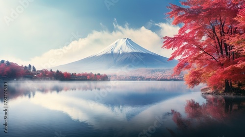 Serene scenery showcasing the great Mount Fuji enveloped by delicate mist and colorful autumn foliage