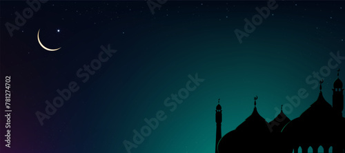Night Sky with Star,Islamic card with Mosques dome,Crescent moon on Sunset sky, Ramadan Night with twilight dusk sky for Islamic religion,Eid al-Adha,Eid Mubarak,Eid al fitr,Ramadan Kareem,Muharram