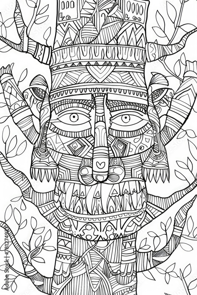 Fototapeta premium Coloring page of black and white drawing depicting the detailed features of a face, showcasing various expressions and emotions