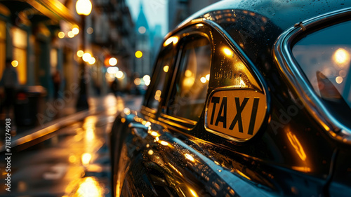 Close-up of a wet taxi sign at night