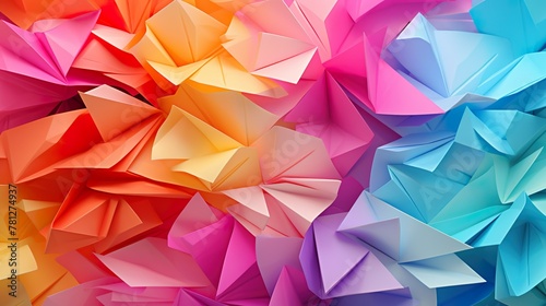 Bright, colorful origami-like paper folds create a playful and creative abstract geometric background