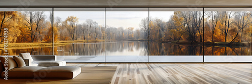 Serene Lakeside Forest Scene with Autumnal Hues Reflecting in the Still Waters, Offering a Peaceful Escape